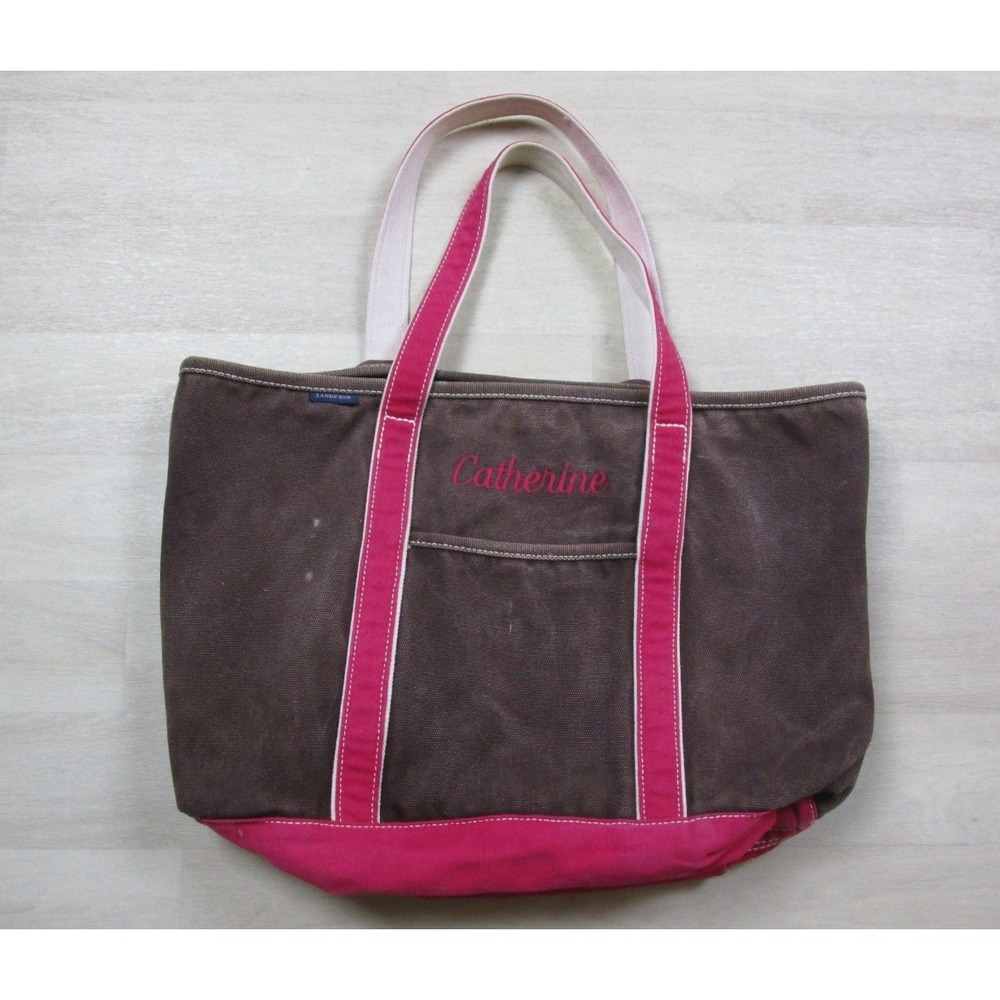 Vintage Y2K Lands‎ End Tote Bag Heavyweight Canvas Brown Pink "Catherine"